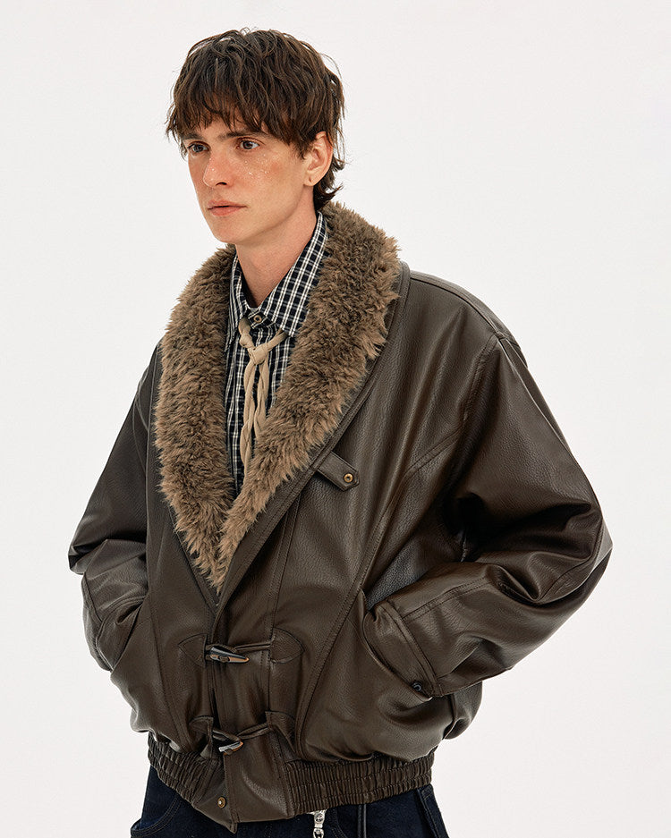 Horn Button Fur Collar Leather Jacket