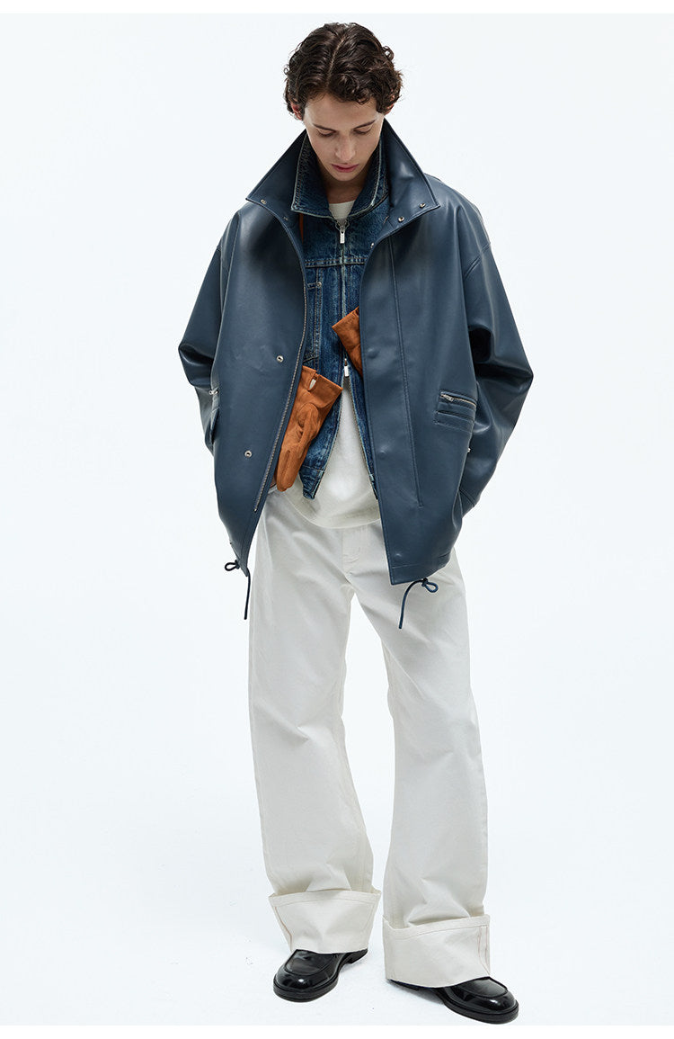 Multi-Pocket Fake Rum Skin Jacket