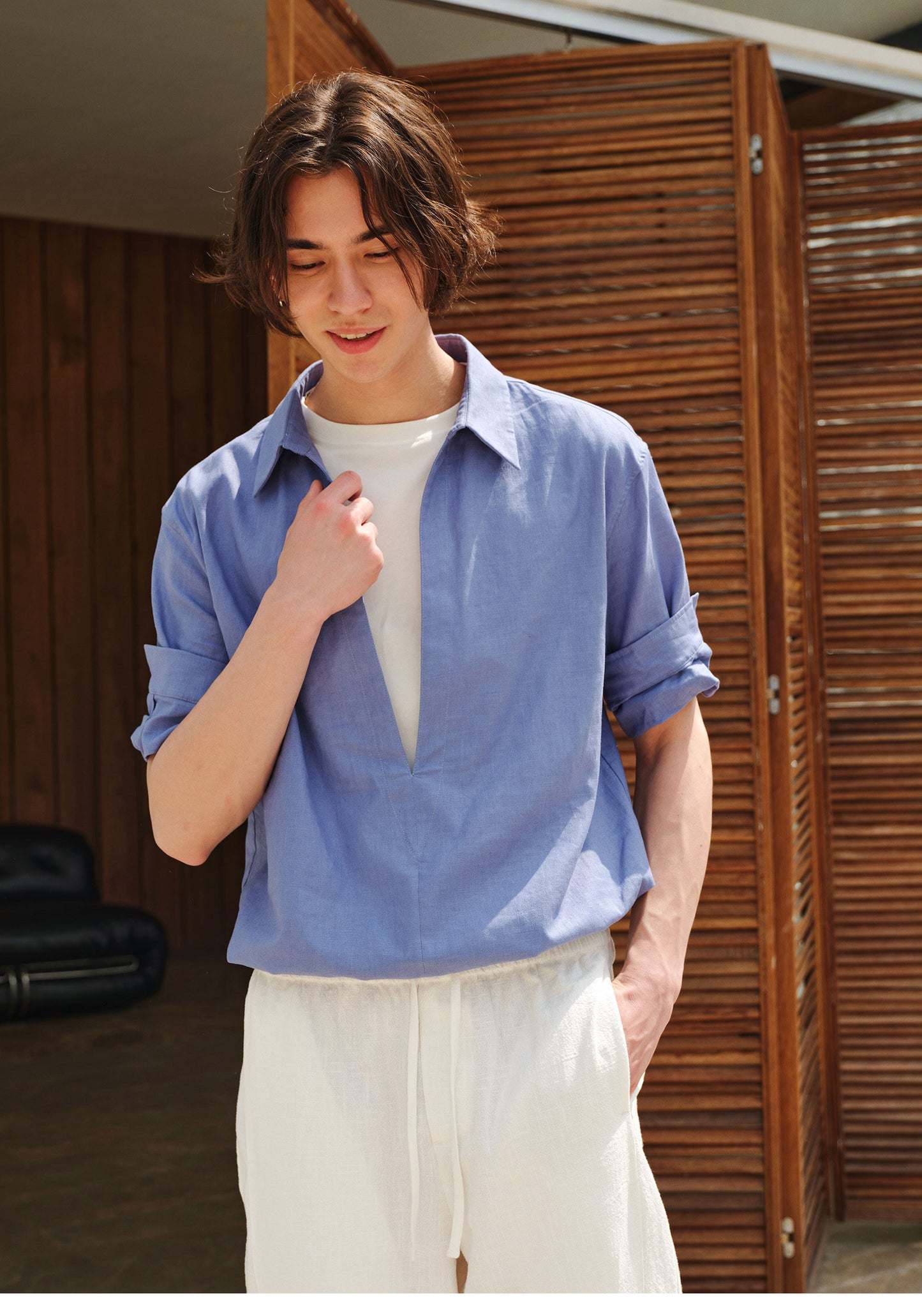 Deep V-Neck Faux Two-Piece Roll-Sleeve Shirt