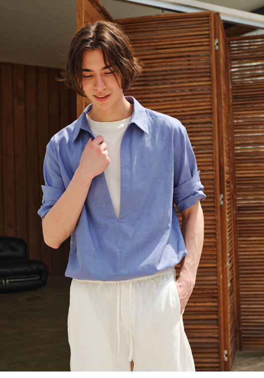 Deep V-Neck Faux Two-Piece Roll-Sleeve Shirt