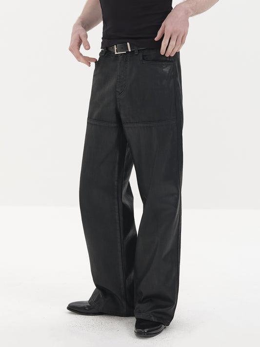 Wax-finished Patchwork Straight-Leg Jeans