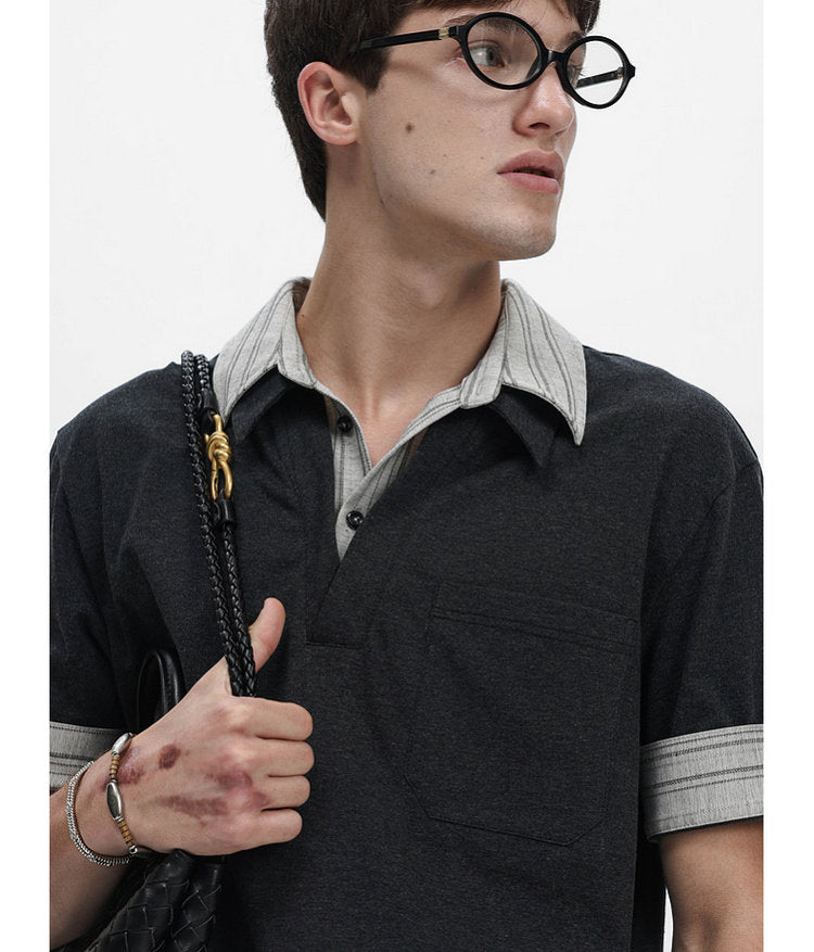 Faux Two-Piece Pocket-Stripe Polo Shirt