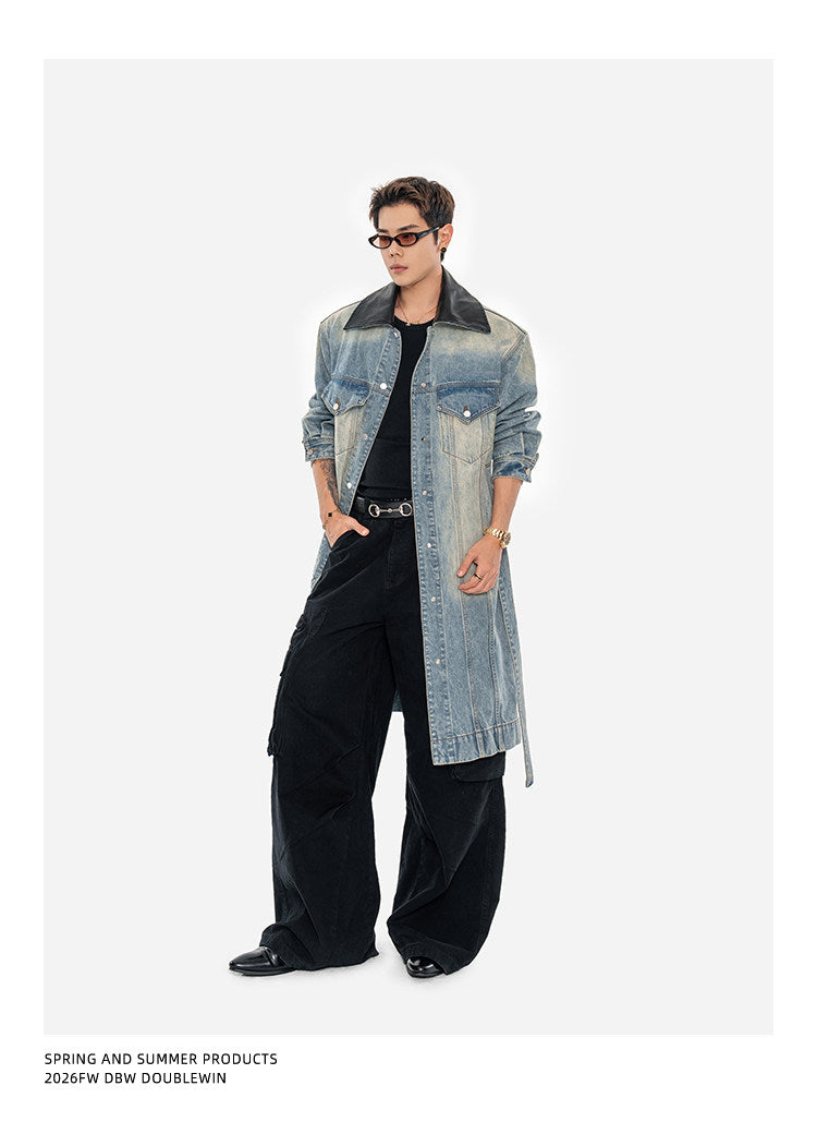 Leather Patchwork Lapel Denim Trench Coat