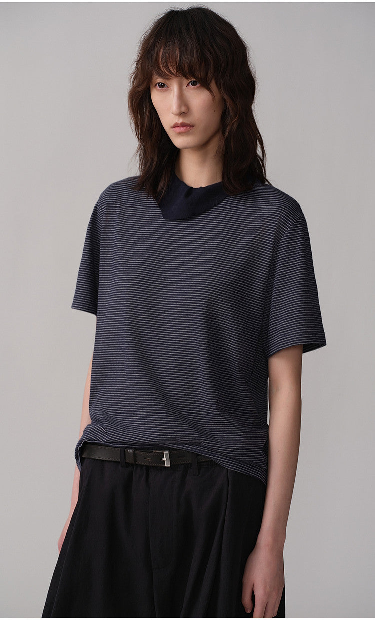 carf-Collar Striped T-Shirt