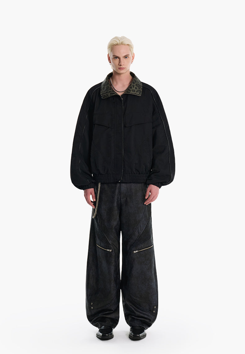 Lapel stitched PU leather jacket