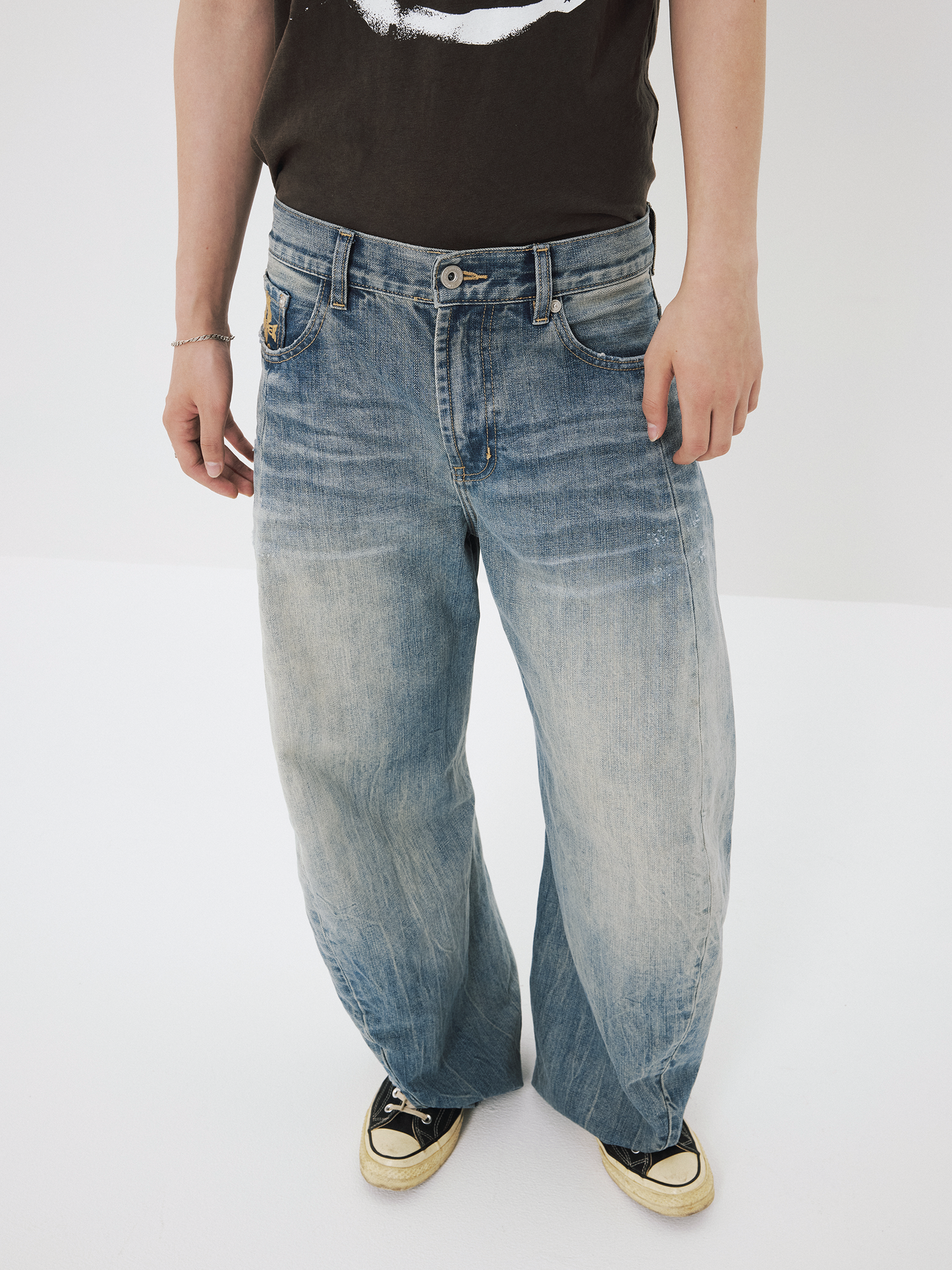 Retro Curve-Cut Blue Denim Pants