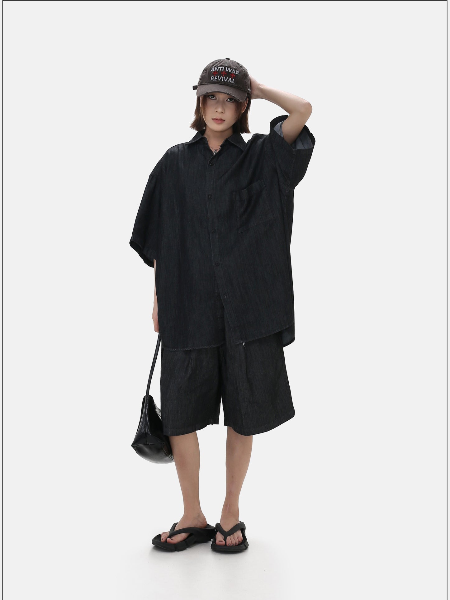 Trendy Loose-Fit Vintage-Style Denim Shirt Set