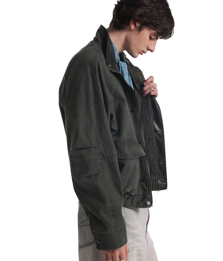 Leather collar short flight jacket