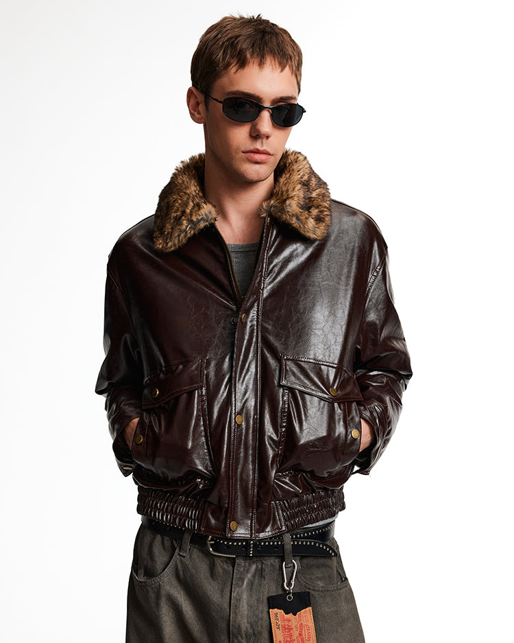Patchwork Fur Collar Leather Jacket