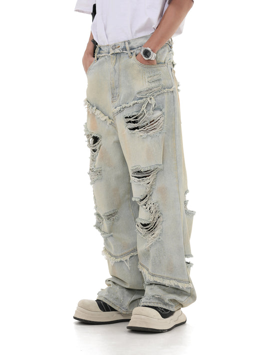 Loose Fit Damaged Design Ripped Denim Pants