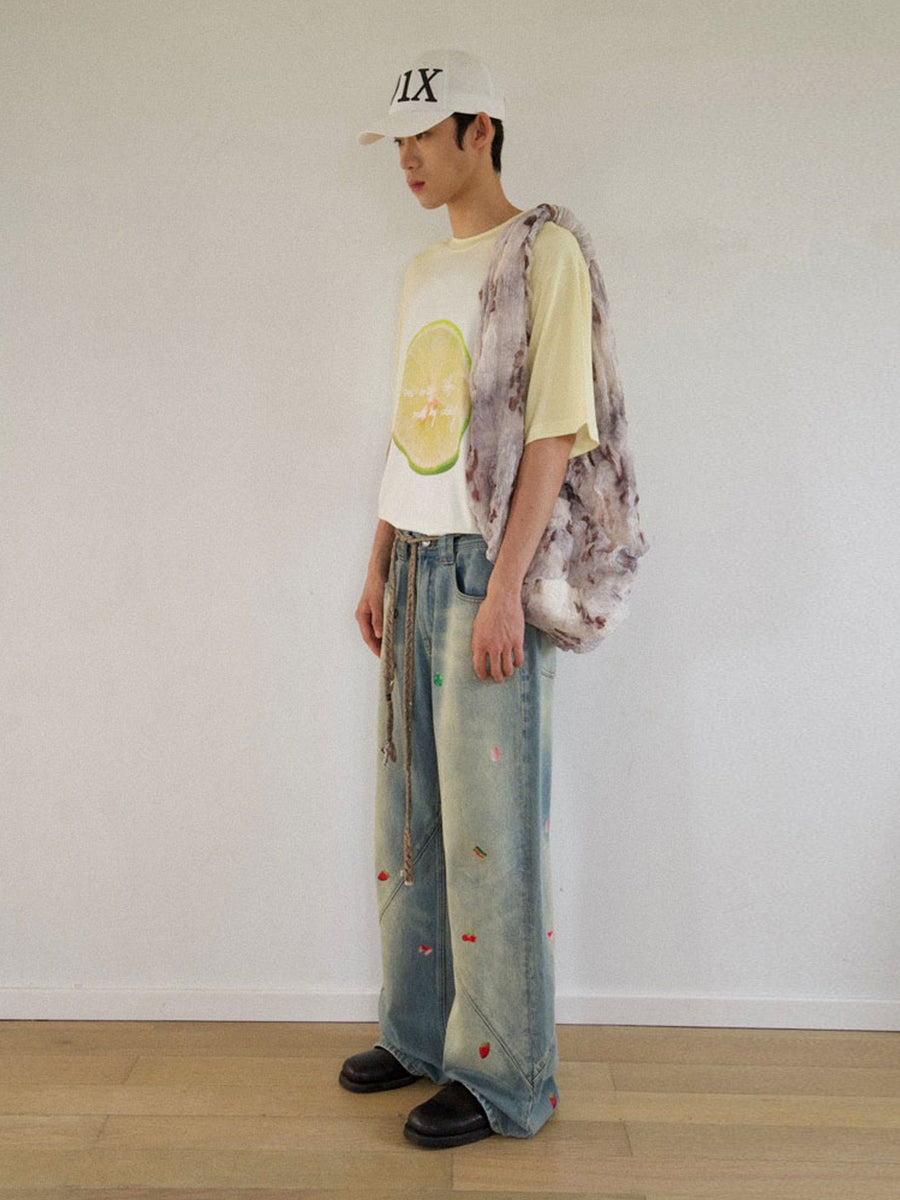 Printed Washed Whisker Jeans