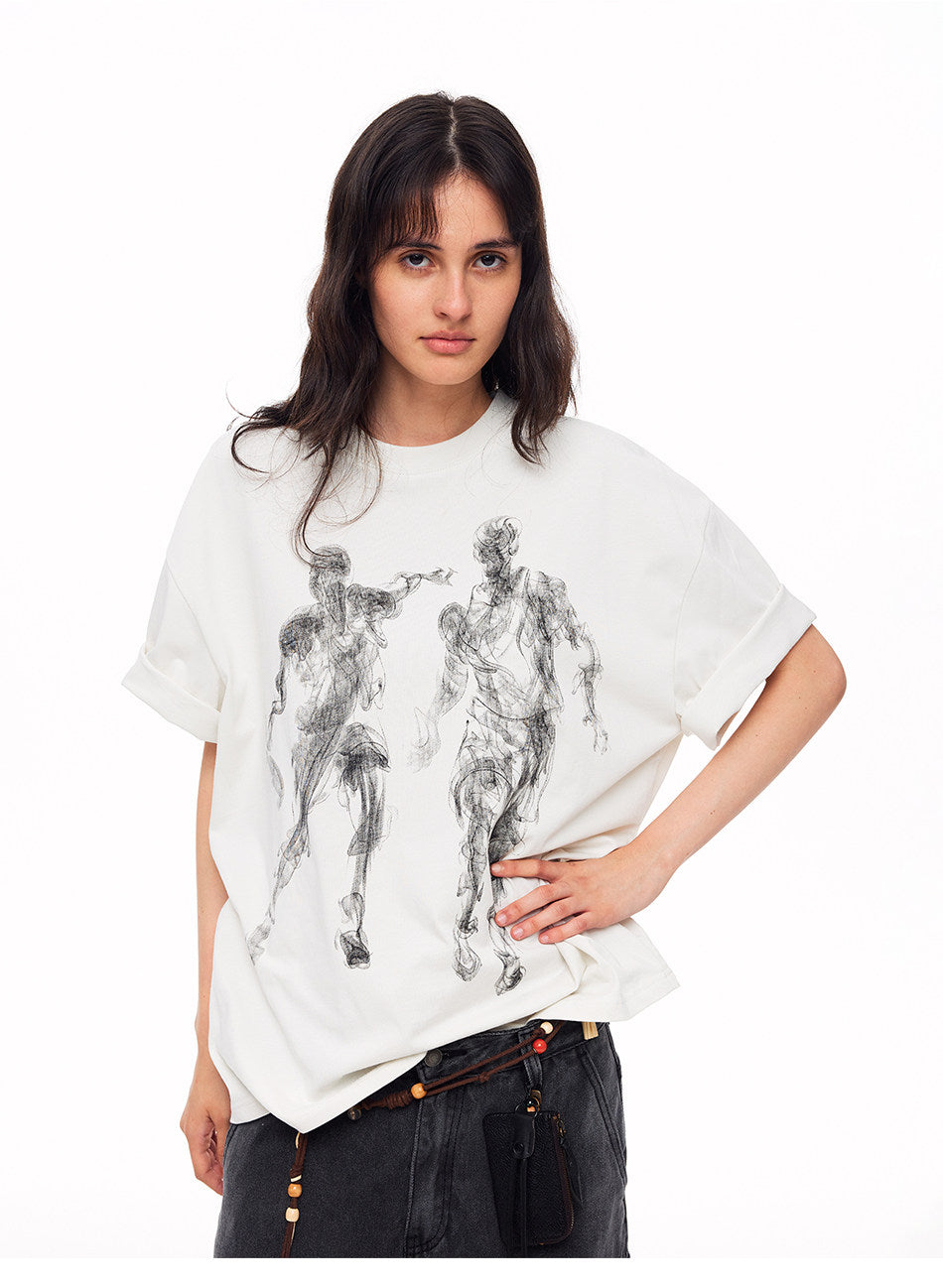 Retro Hand-Painted Print T-Shirts