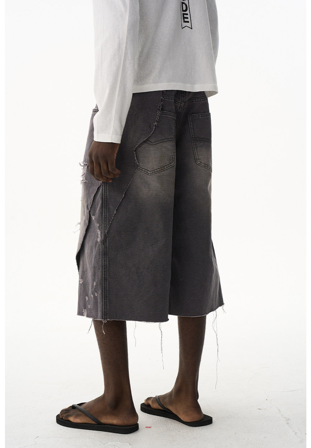 Damage-Washed Denim Shorts