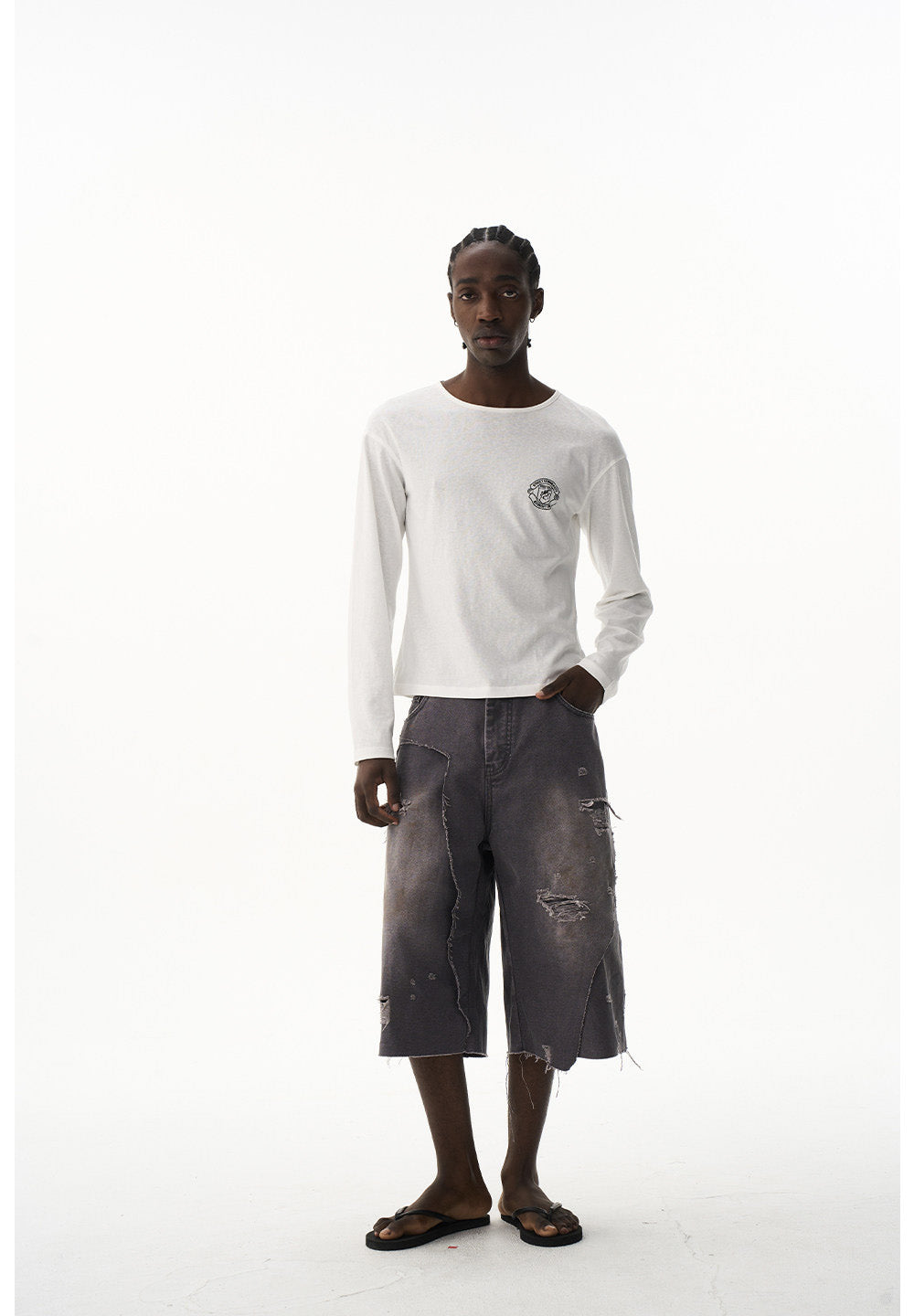 Damage-Washed Denim Shorts