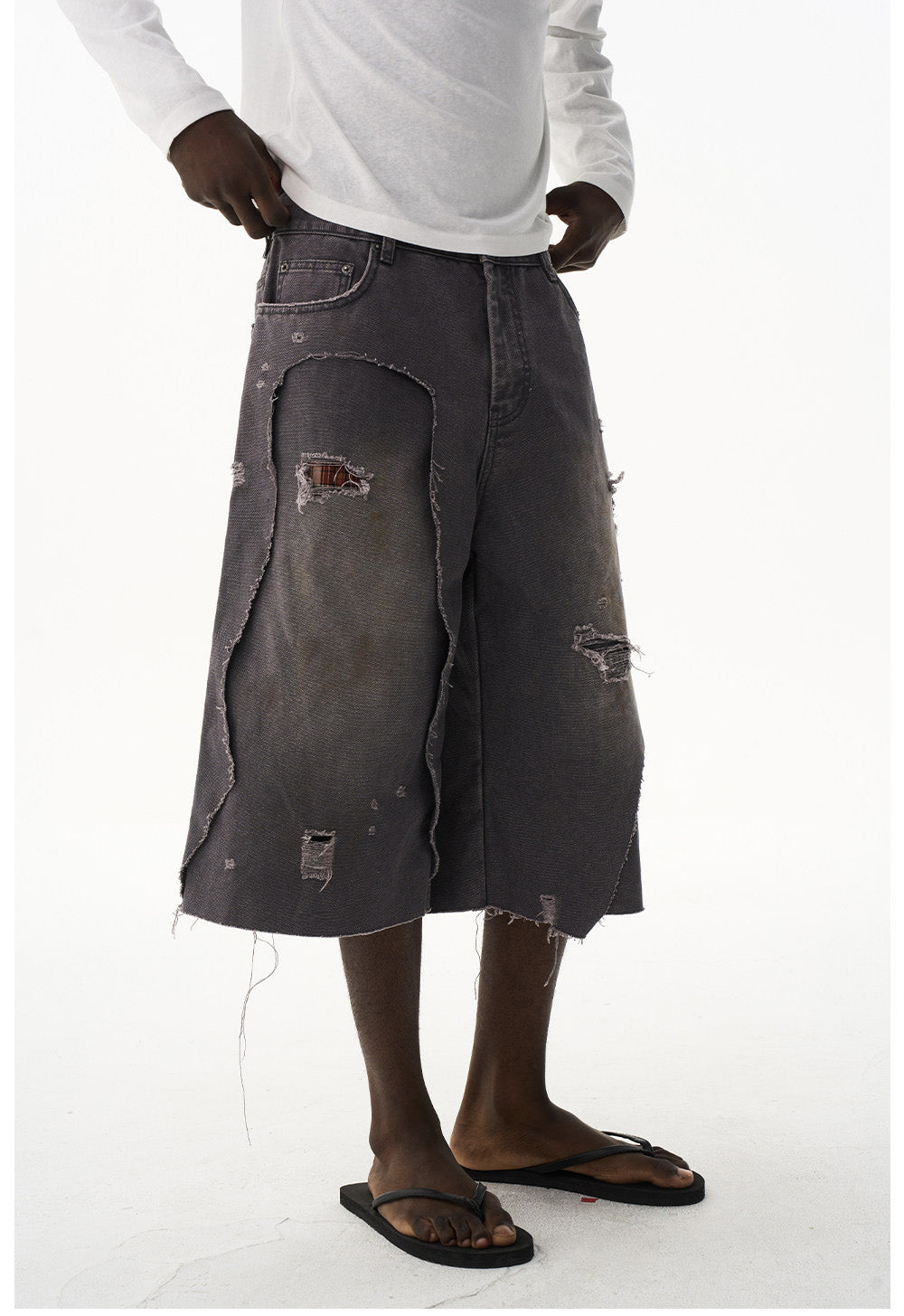 Damage-Washed Denim Shorts