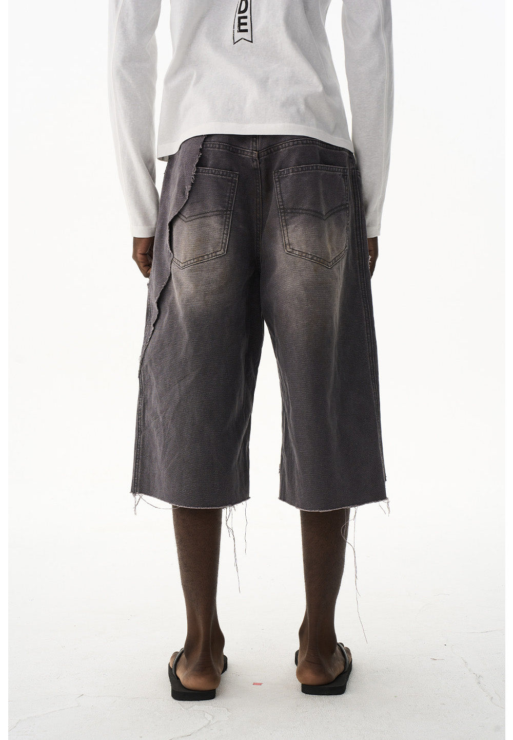 Damage-Washed Denim Shorts