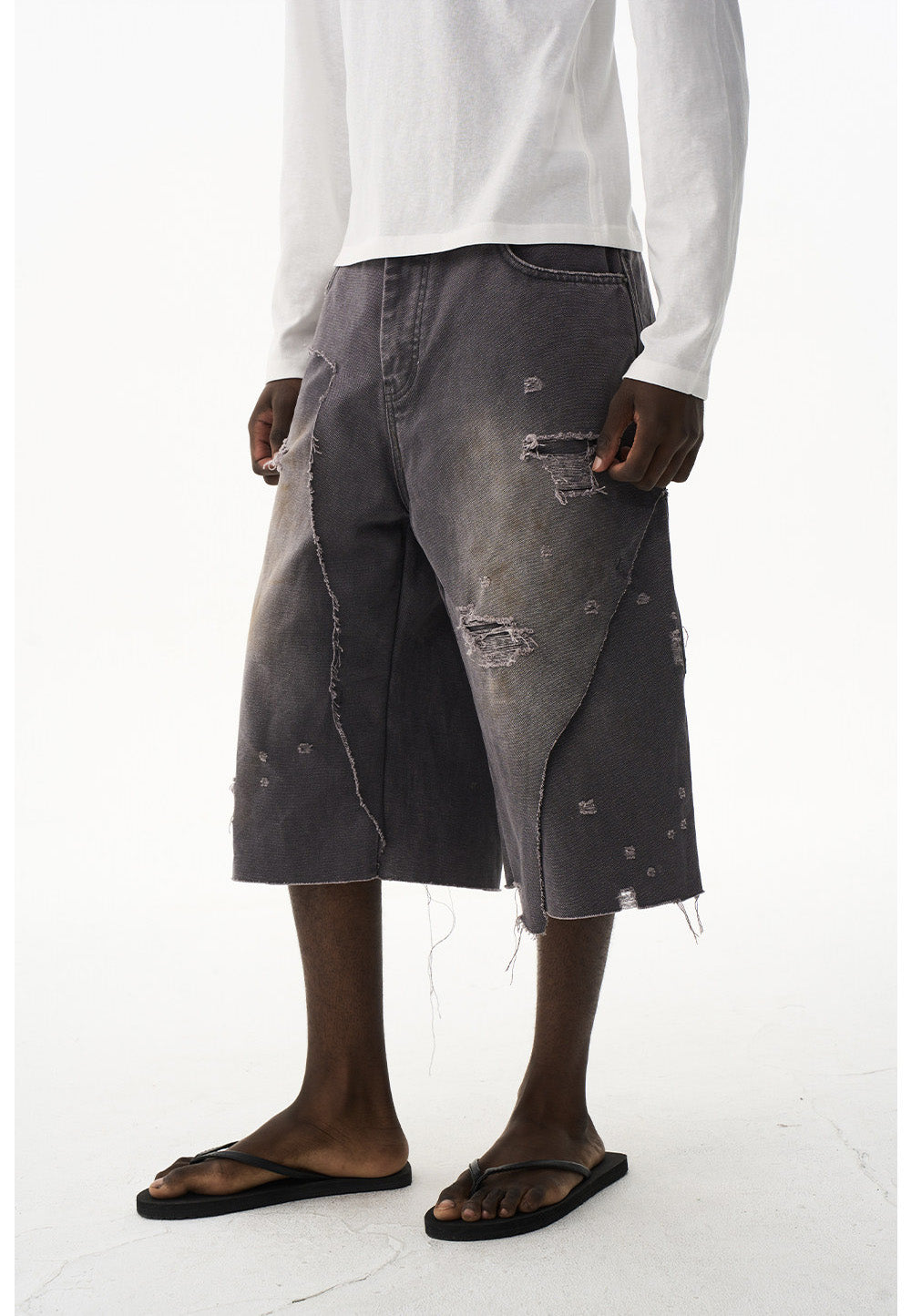 Damage-Washed Denim Shorts