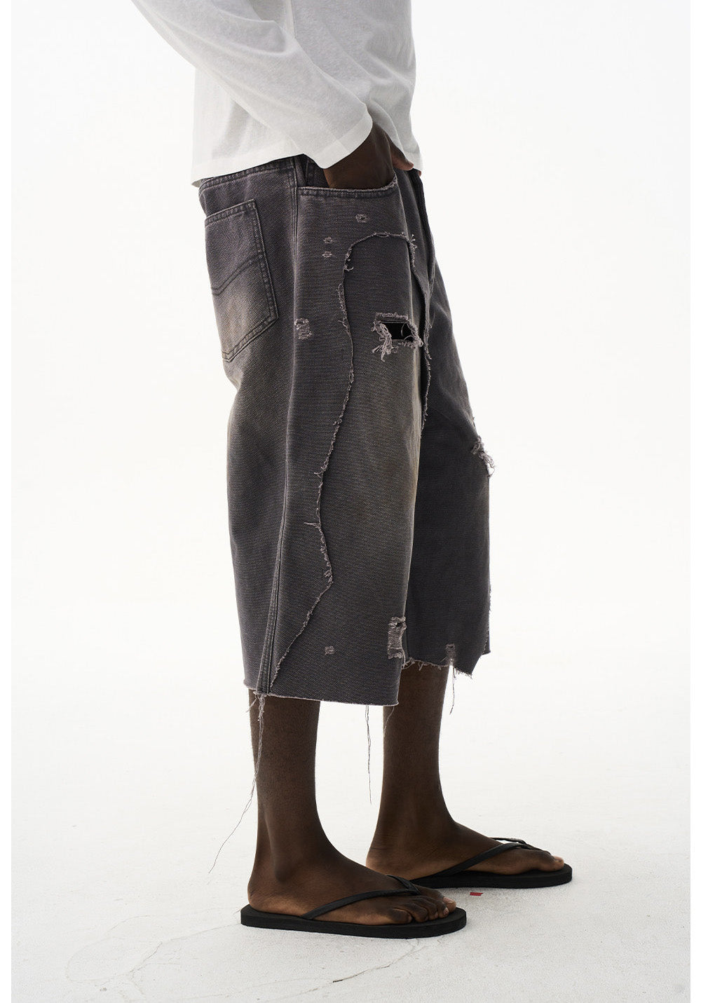 Damage-Washed Denim Shorts