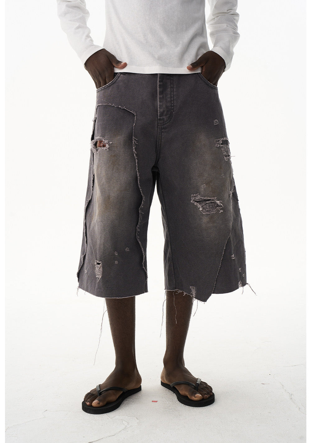 Damage-Washed Denim Shorts