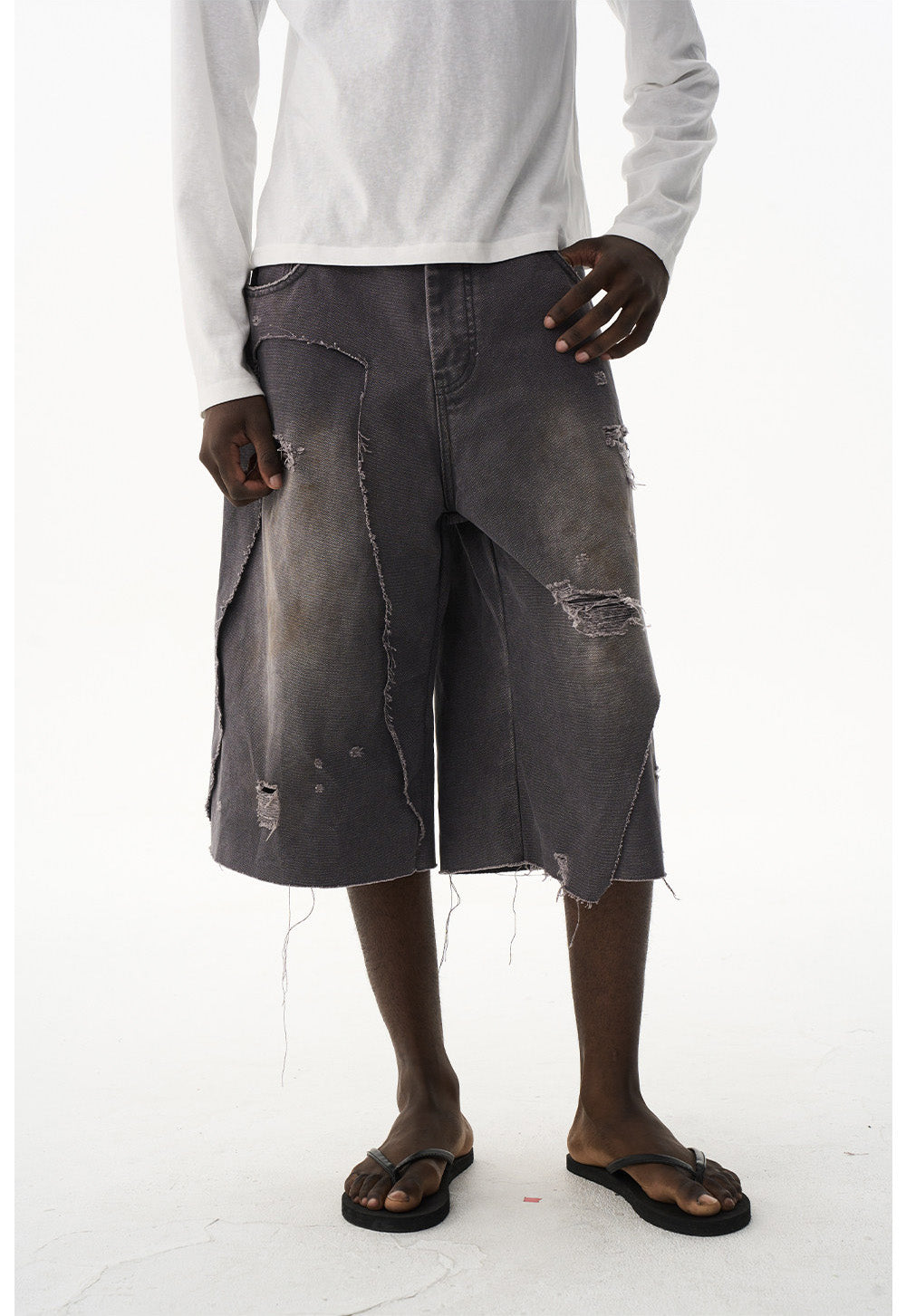 Damage-Washed Denim Shorts