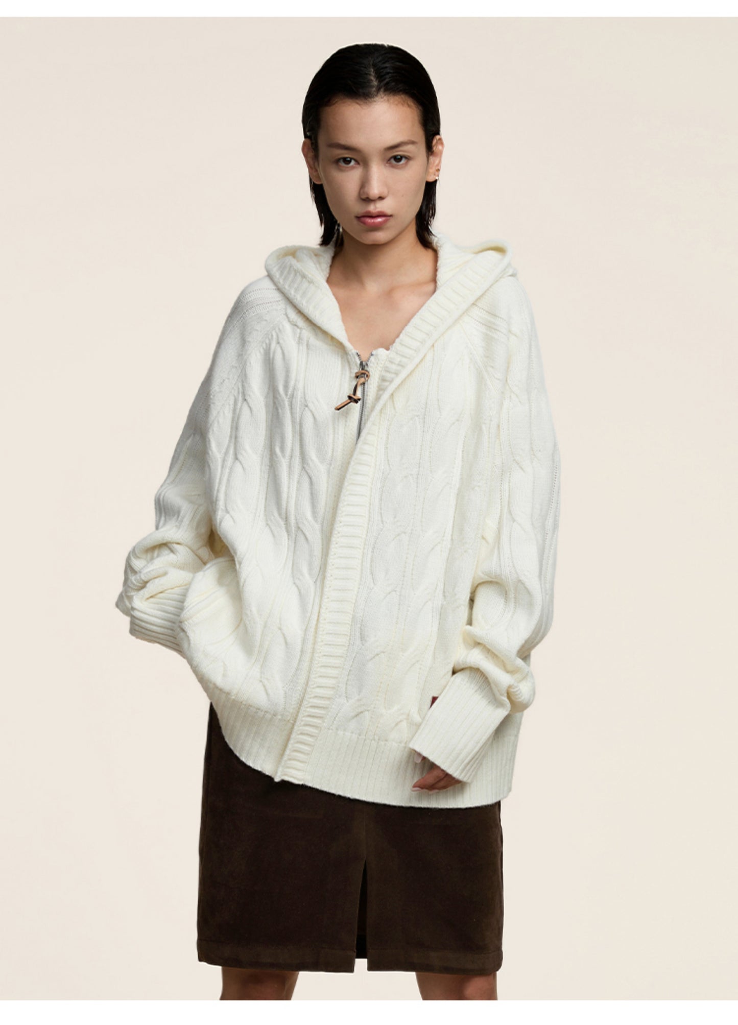 Wool Twist Hooded Zipper Cardigan