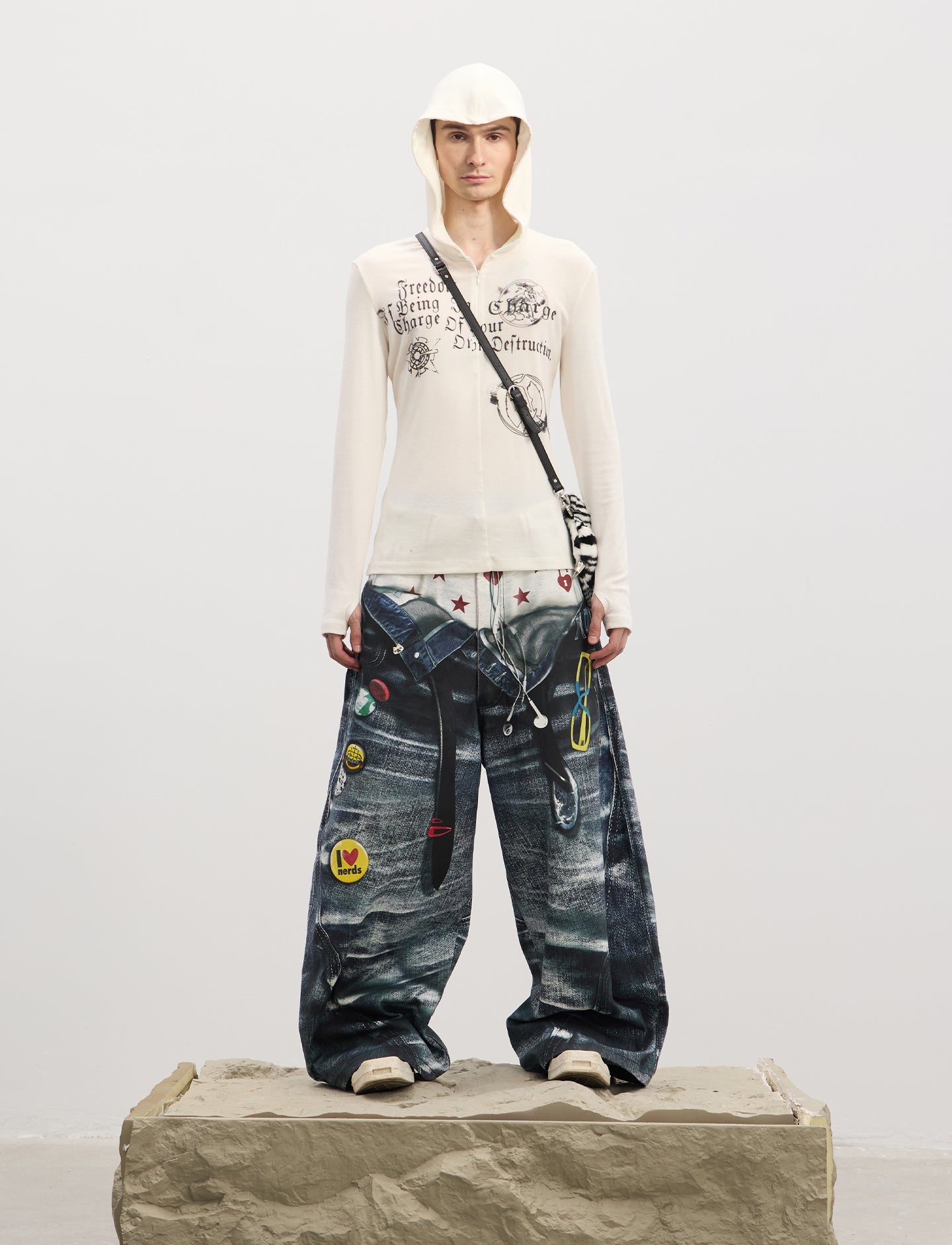 Double-Waistband Printed Jeans
