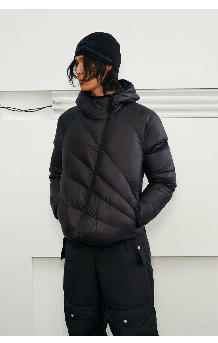 Diagonal Zipper Hooded Down Jacket