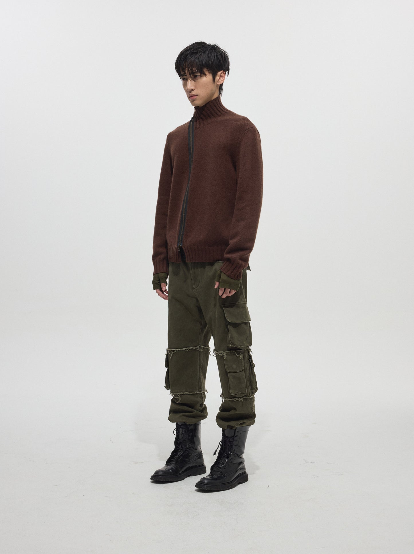 Diagonal-zip Wool Knit Cardigan