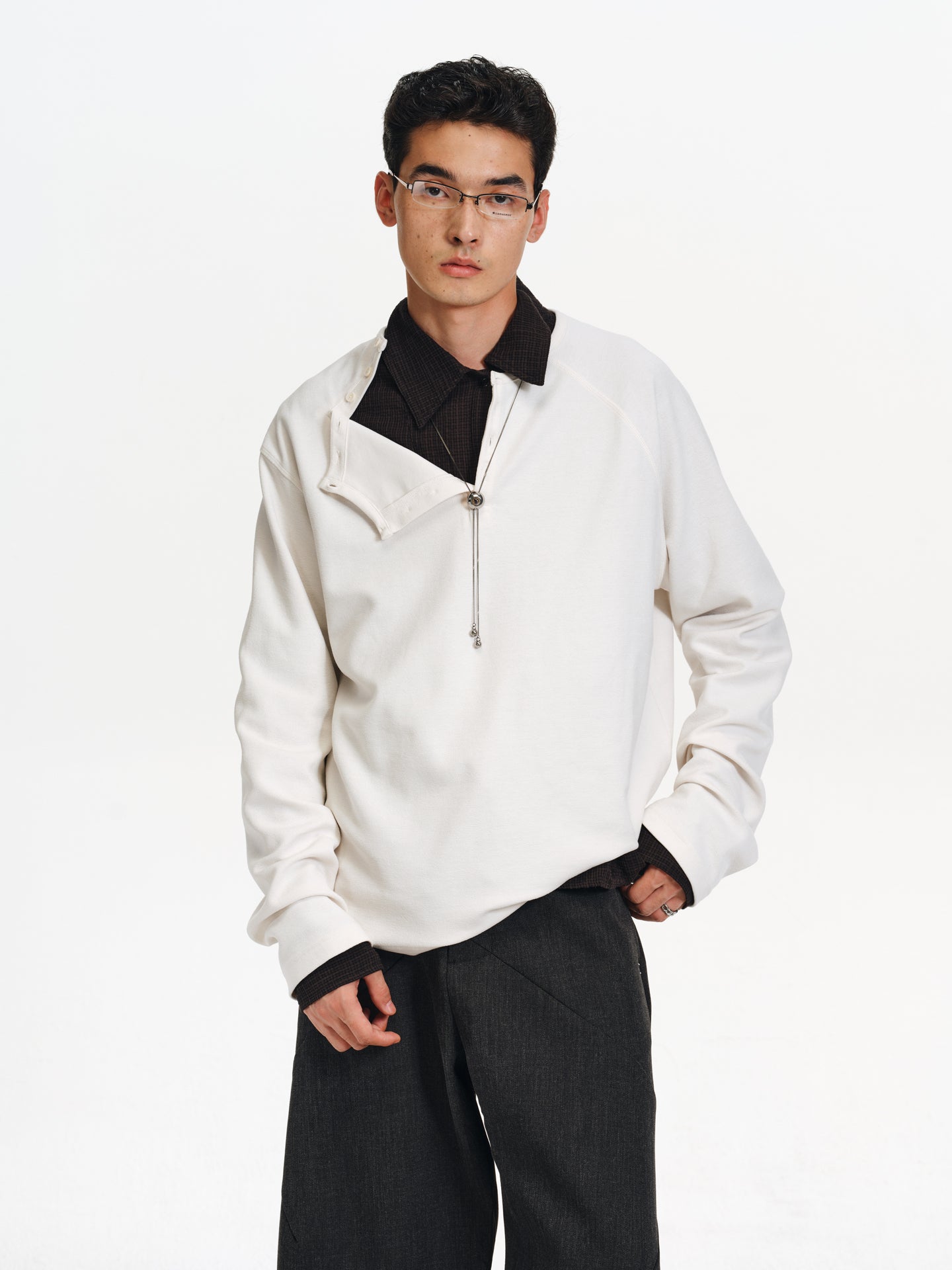 Henry Collar Diagonal Button T-Shirt