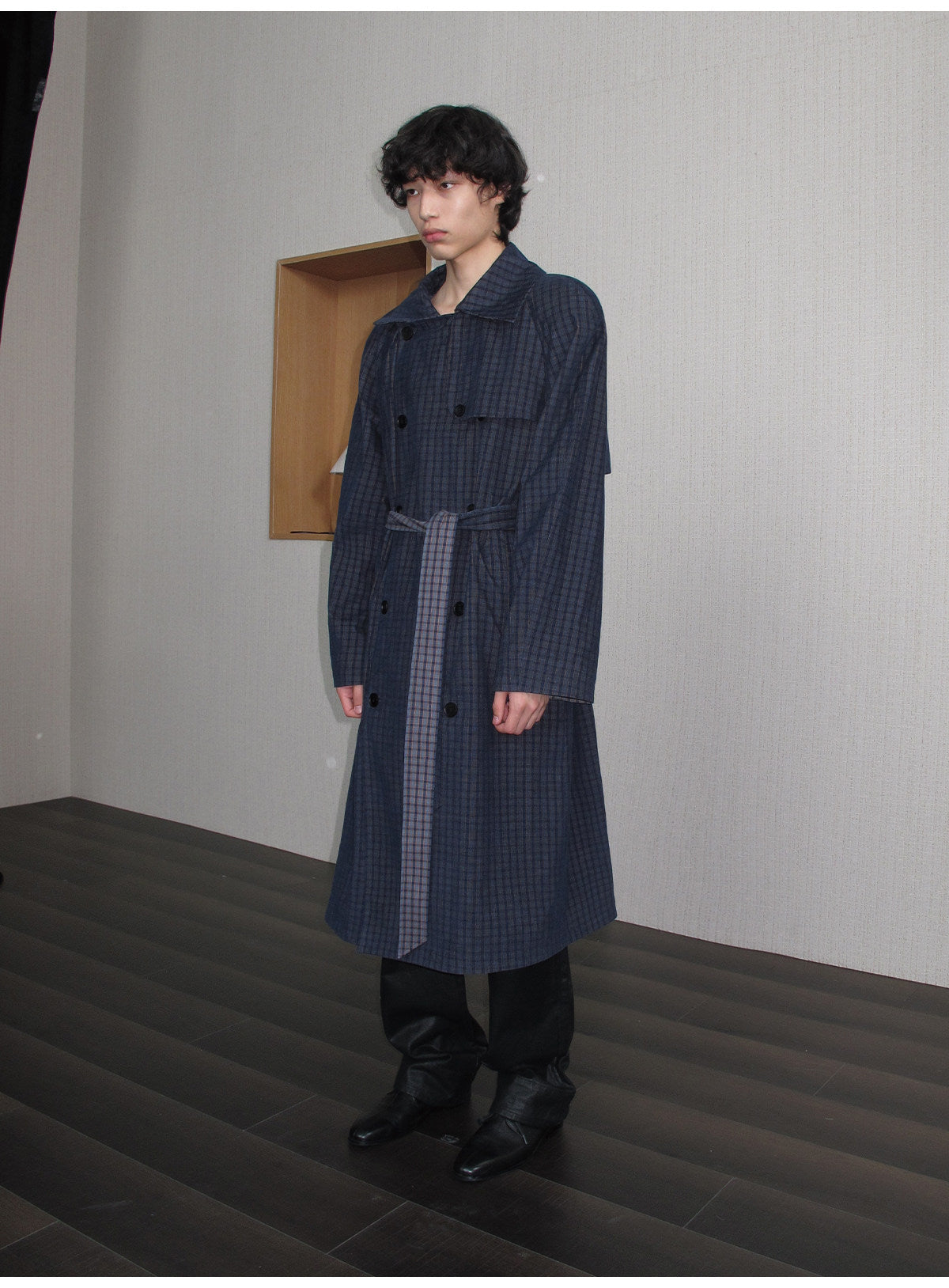 Check-Patterned Raglan-Sleeve Trench Coat