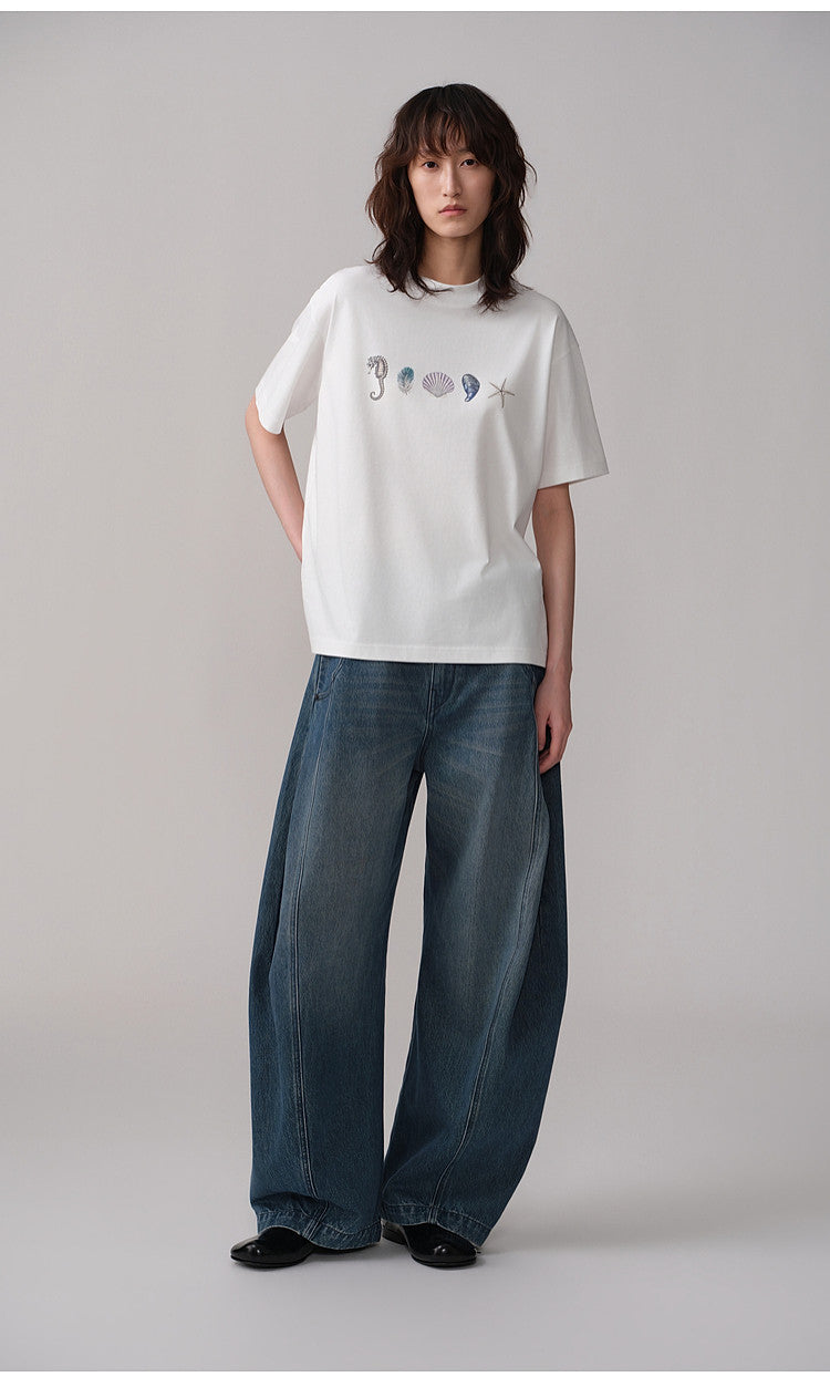 Round-Neck Loose-Shoulder Printed T-Shirt