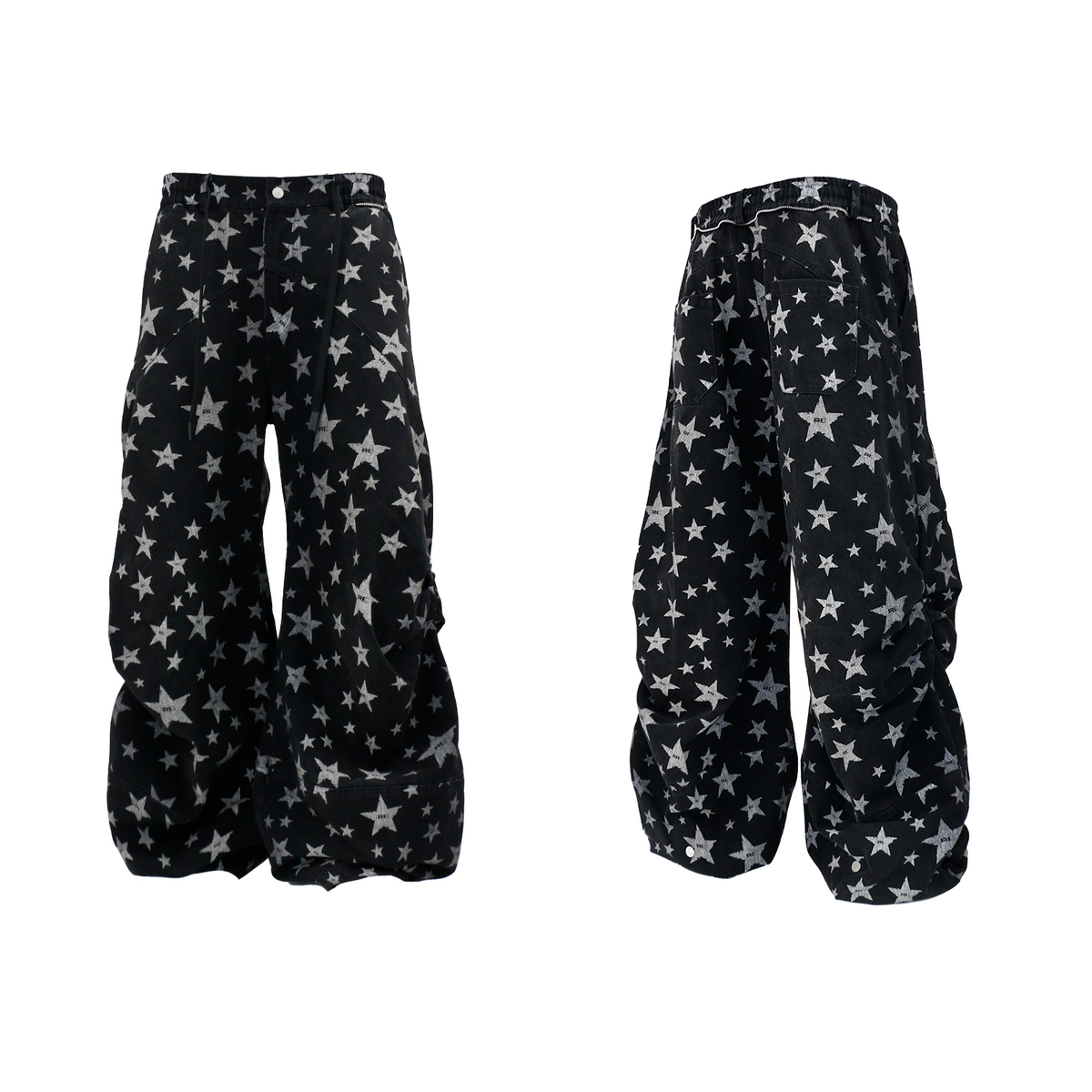 Printed Pleated Workwear Denim Wide-Leg Pants