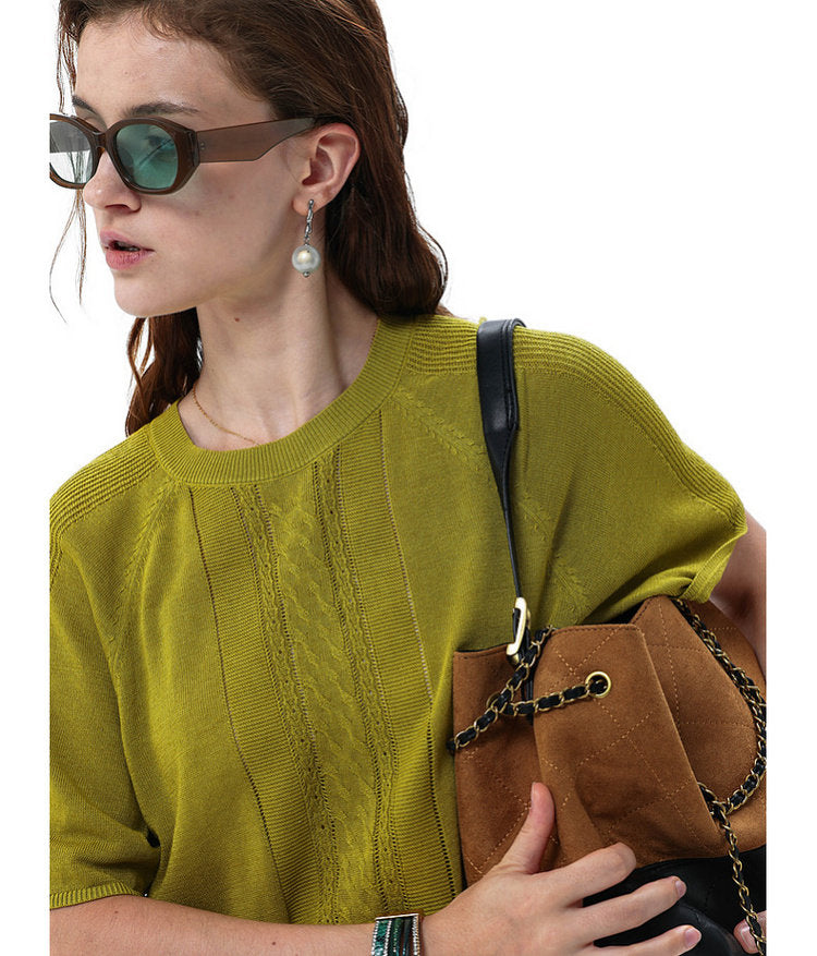 Linen-Lyocell Blend Openwork Knit Shirt
