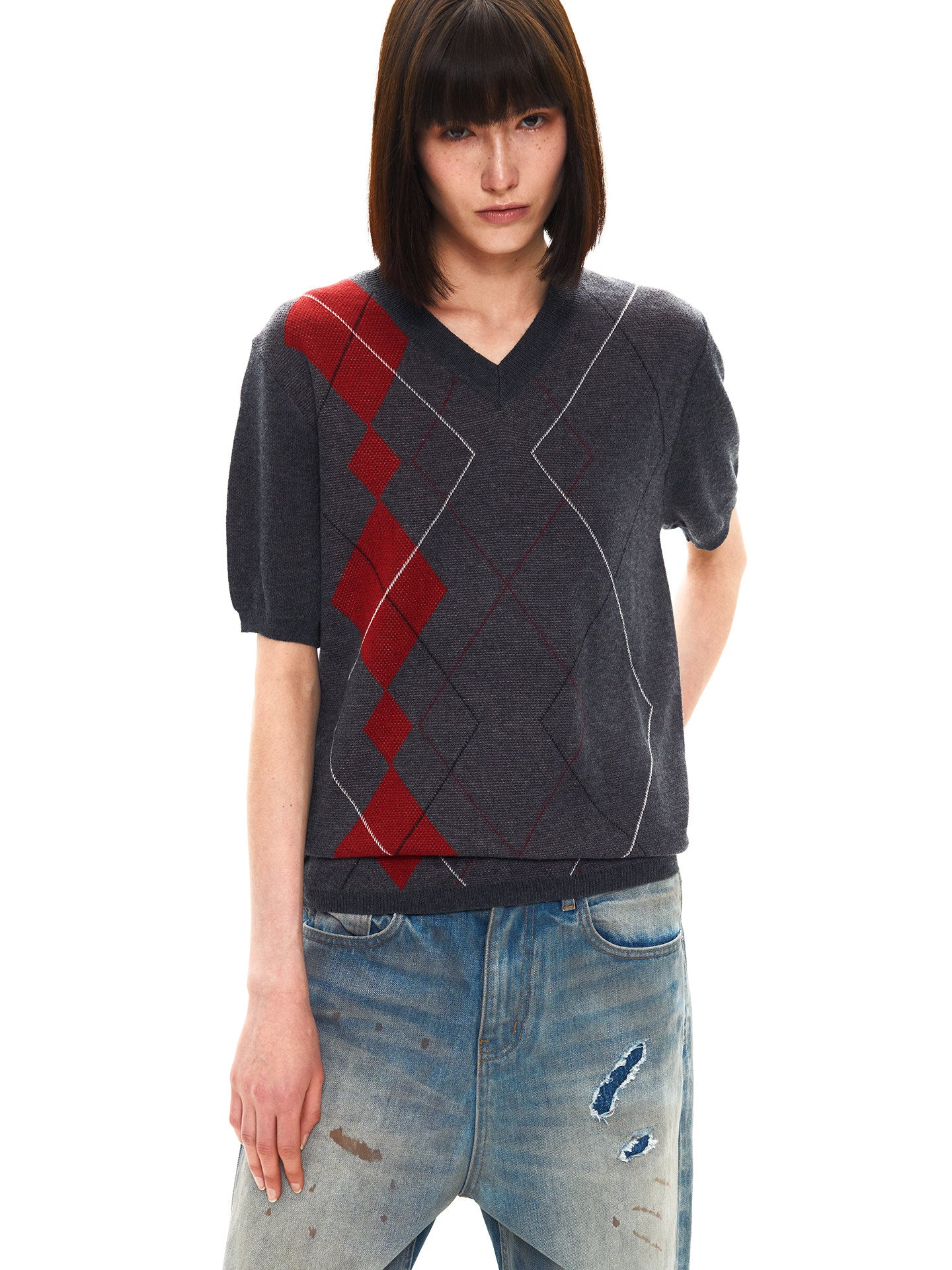 Double-Yarn Patchwork V-Neck Sweater