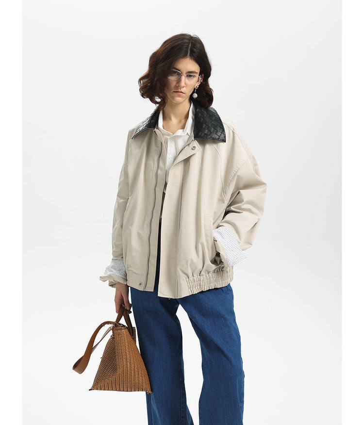 Water-repellent checkered leather lapel jacket