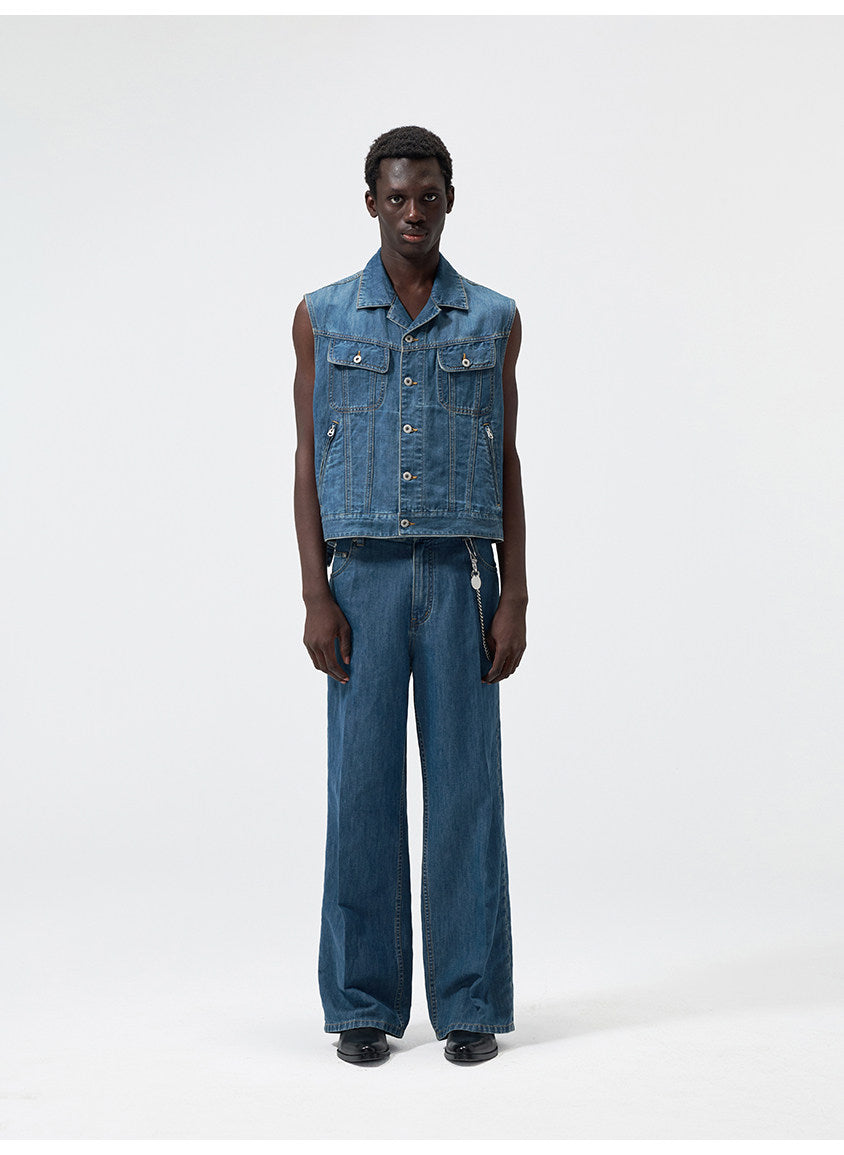 Cuban-Collar Short Denim Vest