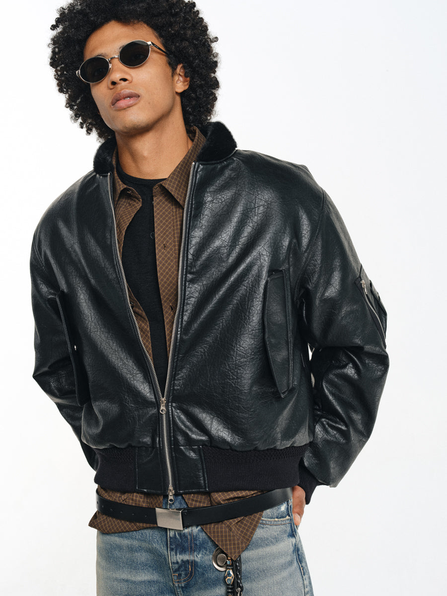 Stand collar faux leather jacket