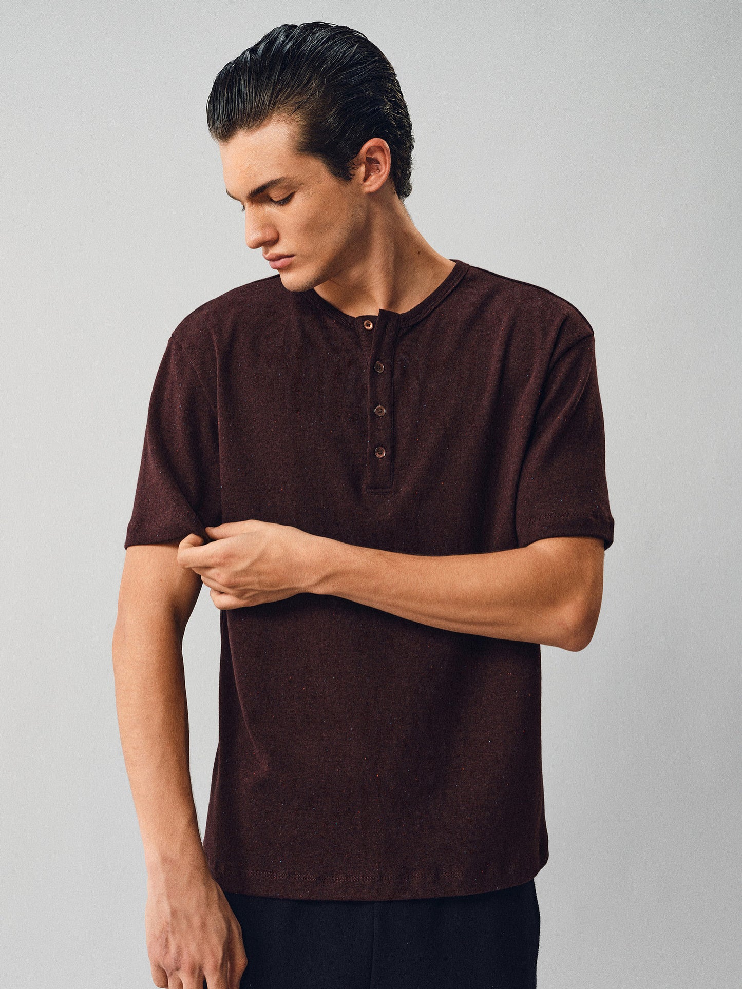 Henley-Collared Button-Down T-Shirt