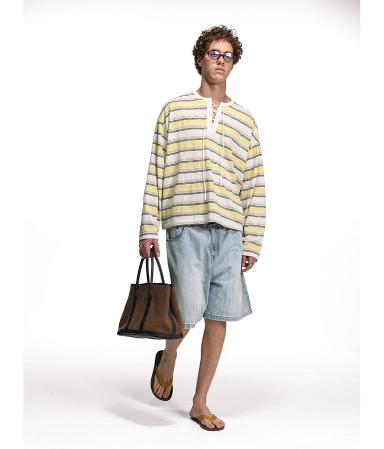 Drawstring Tie Henley Collar T-Shirt