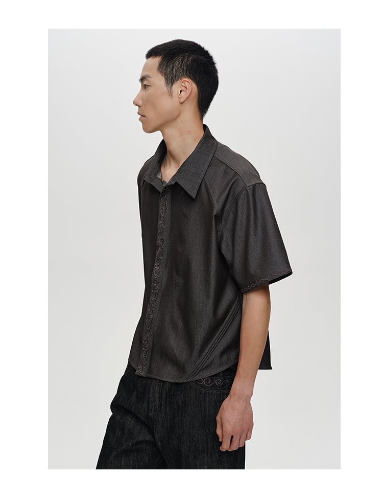 Floral embroidered denim shirt