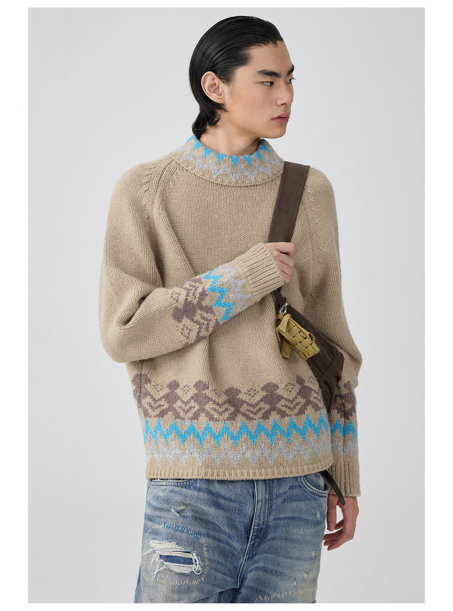 Ethnic Pattern Side Zip Turtleneck Sweater