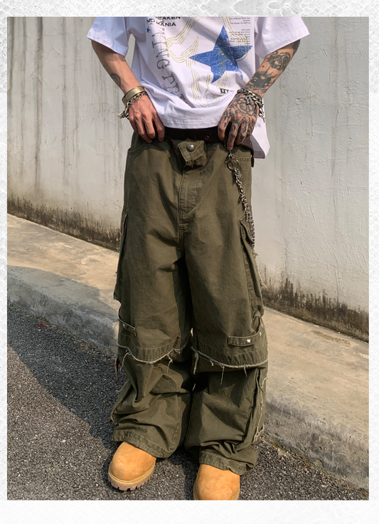 Straight Wide Casual Damaged Cargo Pants