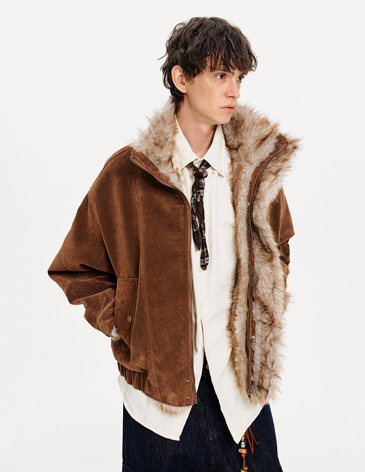 Faux Suede Stand Collar Unisex Jacket