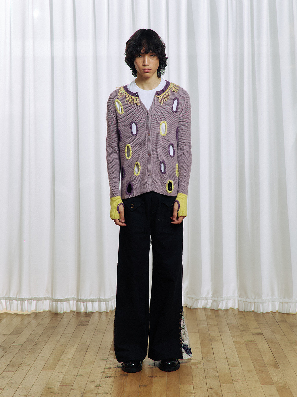 Hollowed-out wool blend cardigan