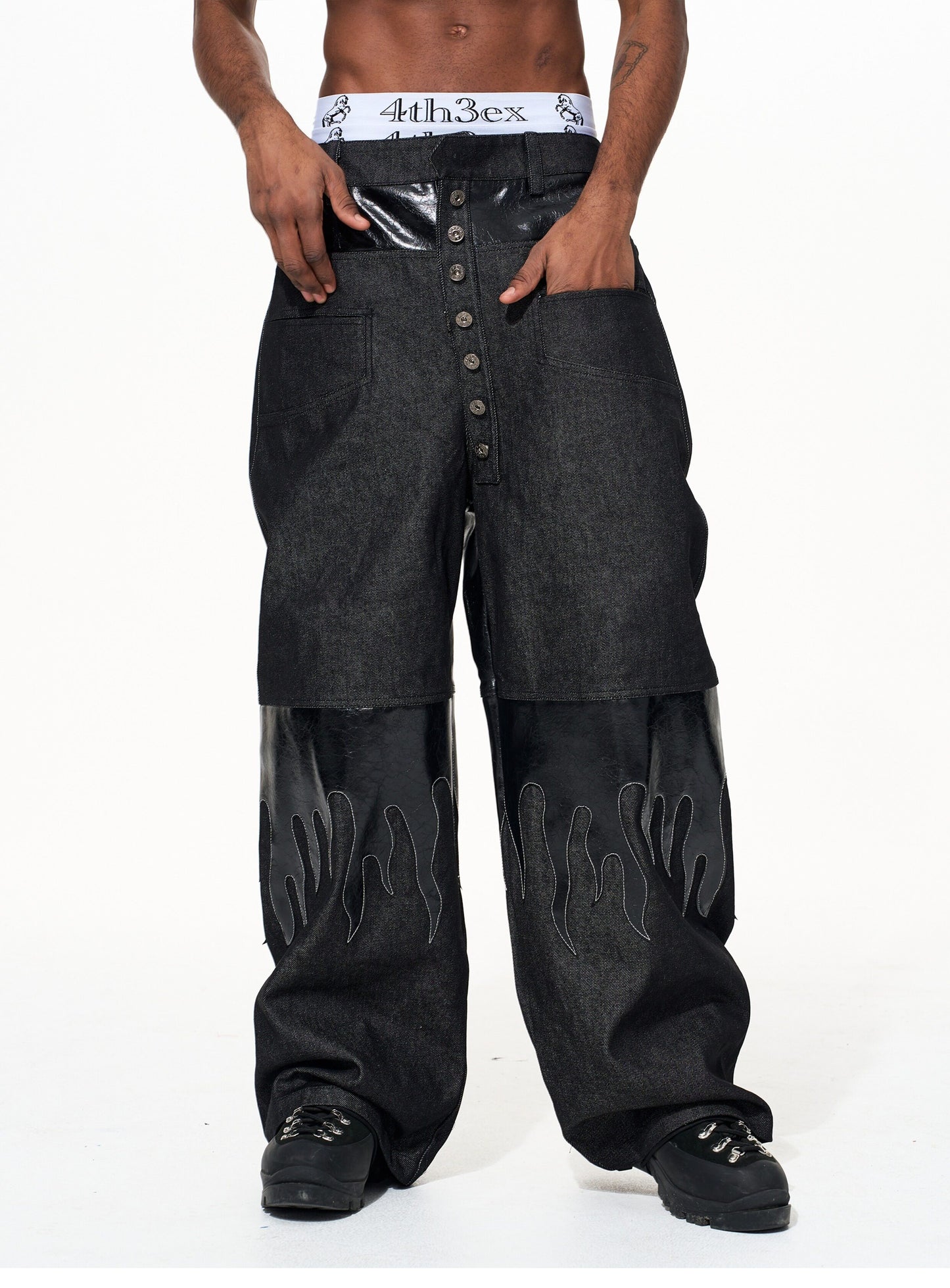 Flame Pattern Leather Jeans