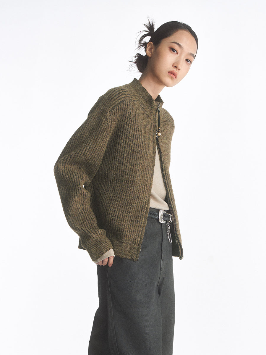 Ribbed Double Zipper Cardigan