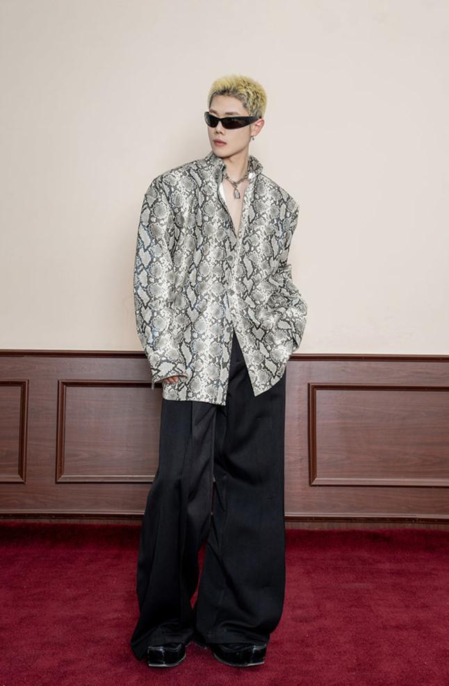 Snakeskin patterned shirt with shoulder pads