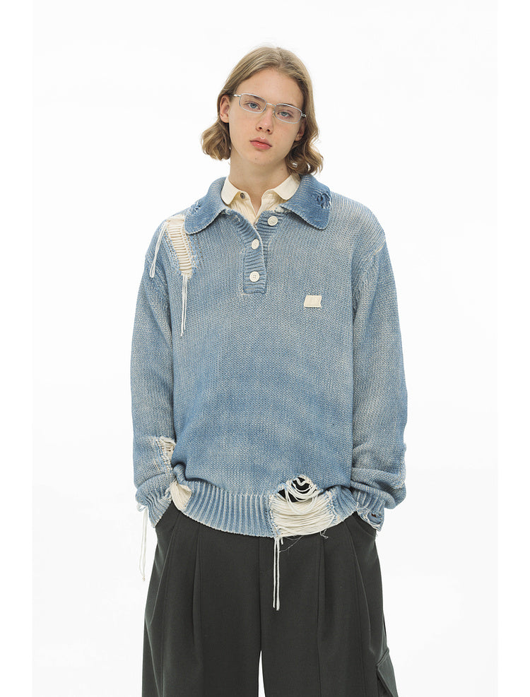 Washed and dyed distressed tassel perforated POLO collar knit sweater