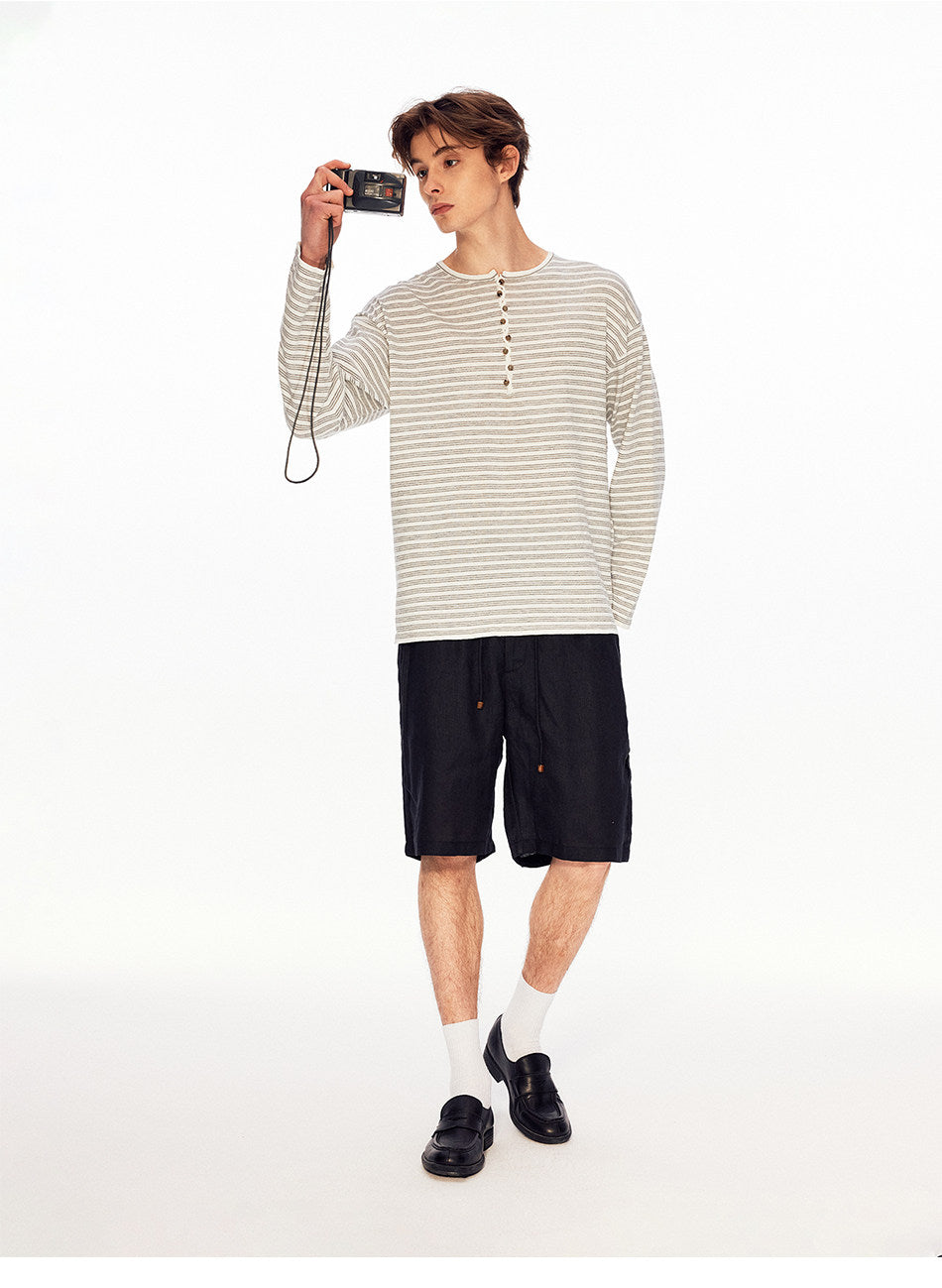 Henry-Collar Linen Striped T-Shirt
