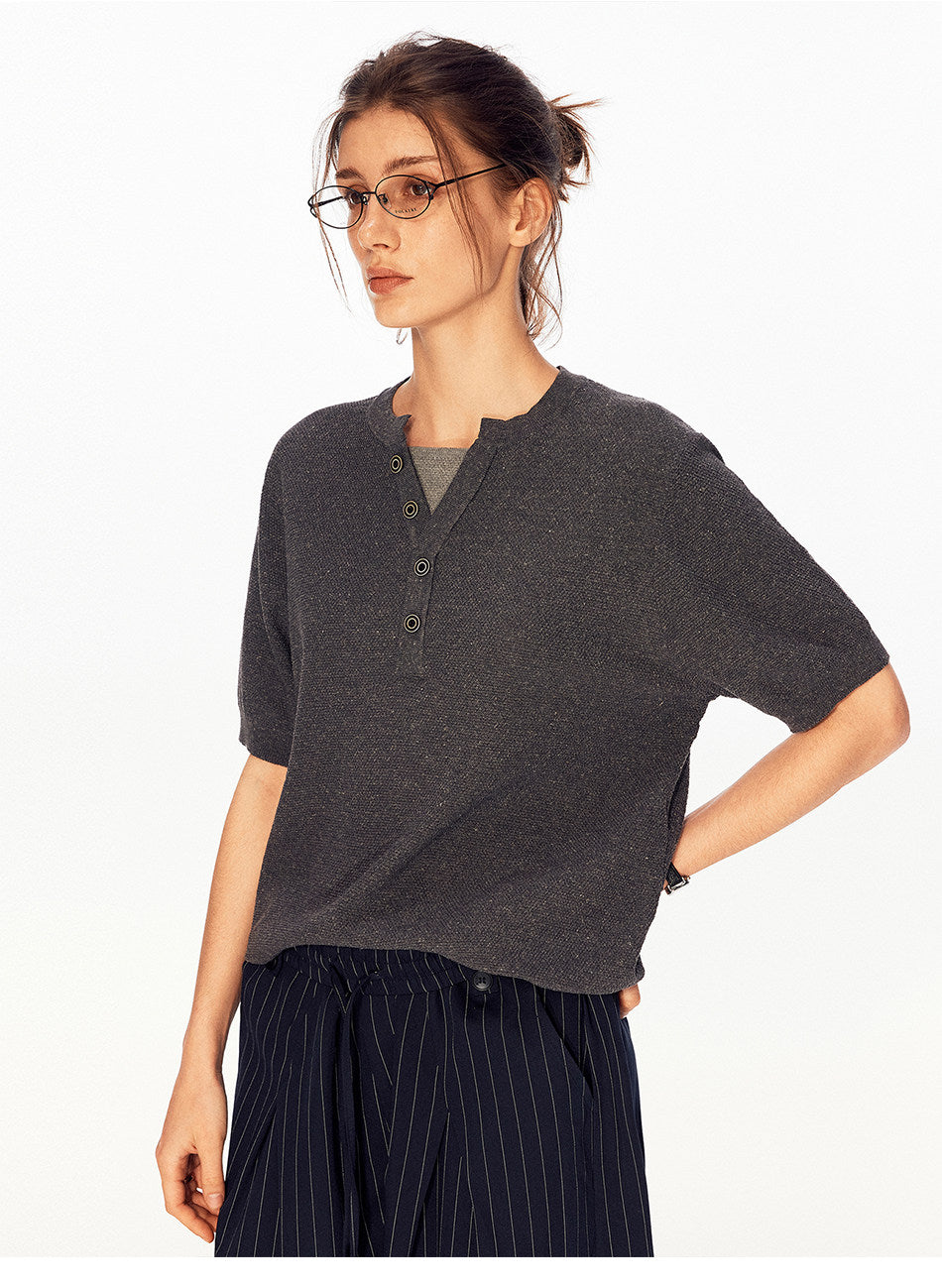 Solid-Color Faux Two-Piece Knit Shirt